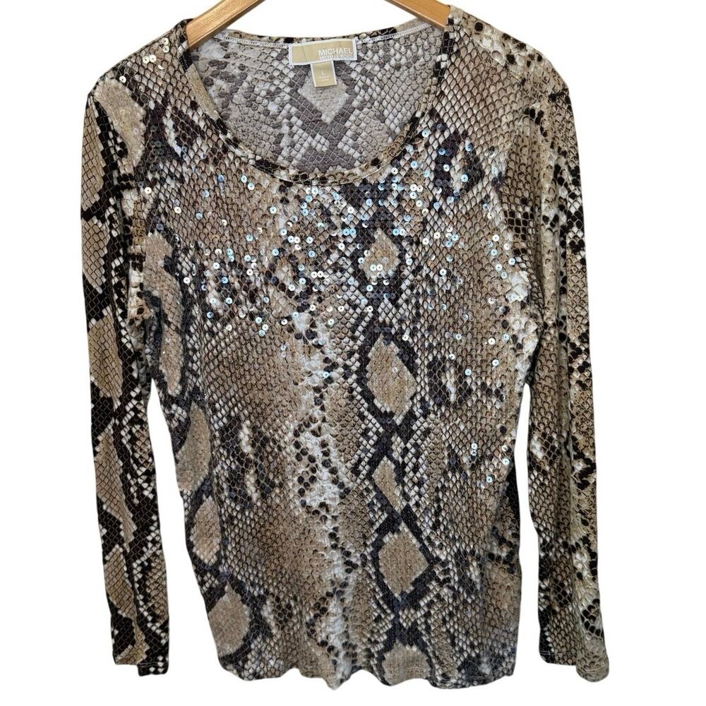 Michael Kors Sneak Print Sequin Jet Set Y2K Long Sleeve Tee Large Brown Glam